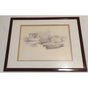 Vintage Ferdinand Ralph F R Petrie Fishing Boat Harbor Dock Print Signed 12x16.5